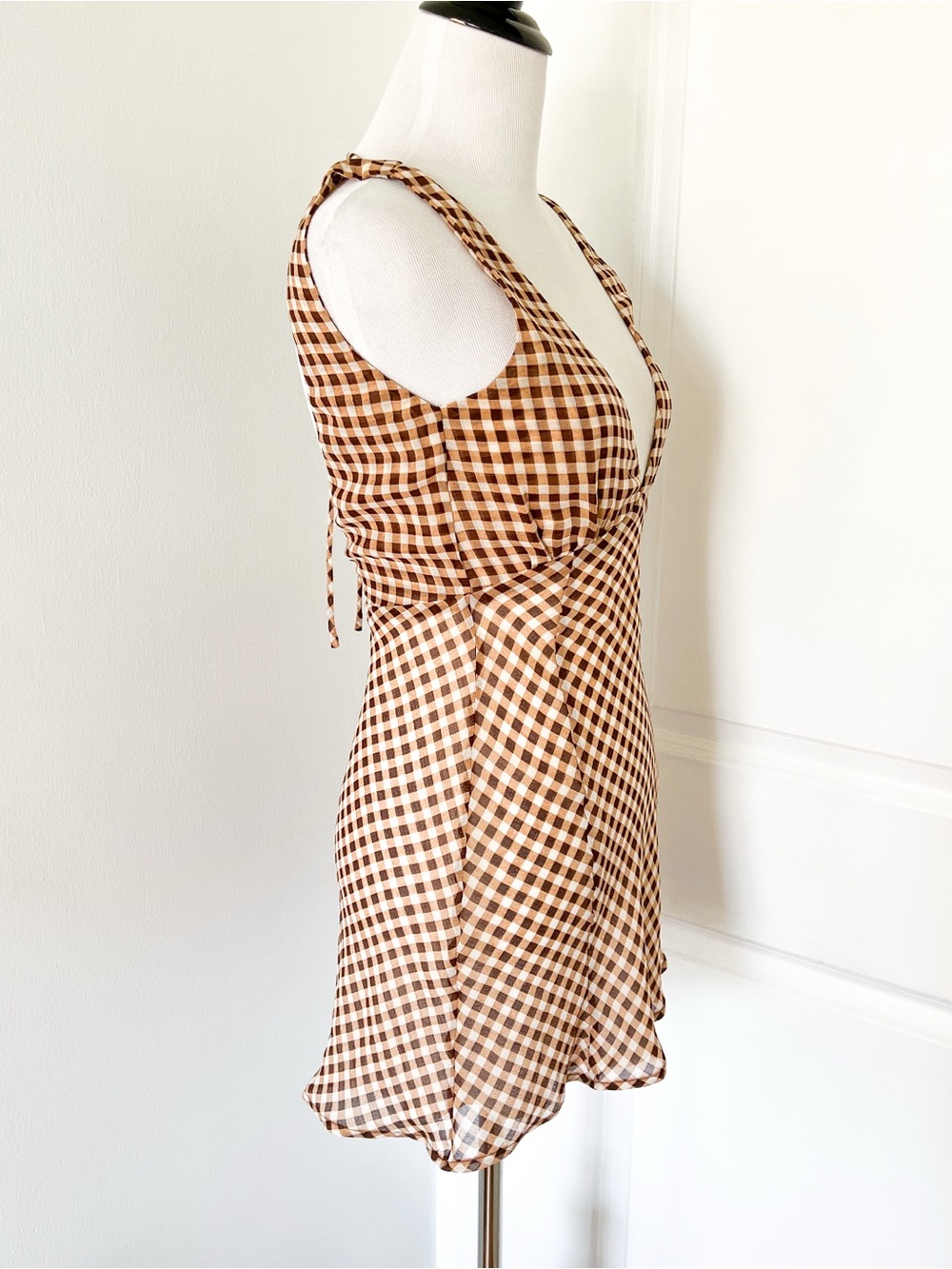 VRG Girl Brown Gingham V-Neck Mini Dress - Size 4 - Picture 2 of 4